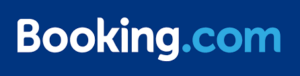 Booking.com Logo in weiss und hellblau - unser Partner für Hotelbuchungen